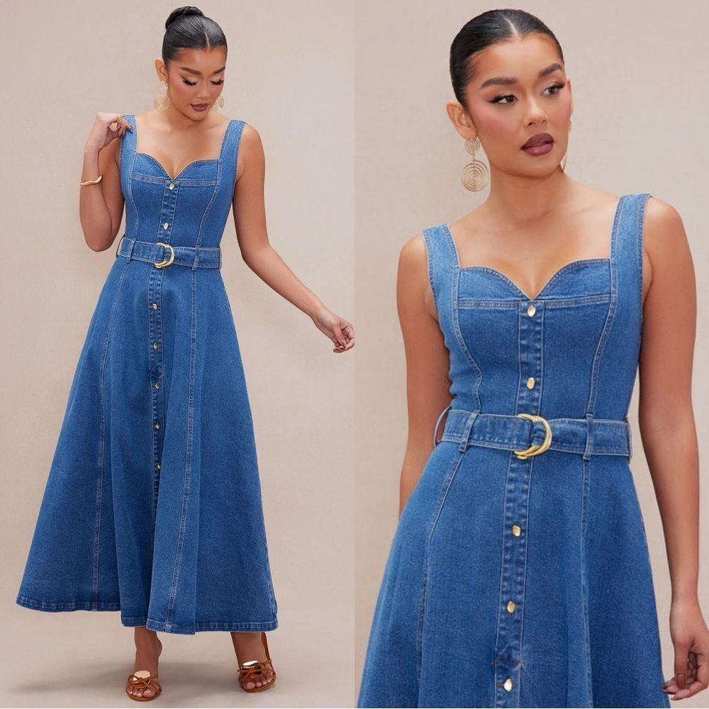 NWT FashionNova Luxe Gabrielle Denim Maxi Dress - Medium Wash - Picture 1 of 9